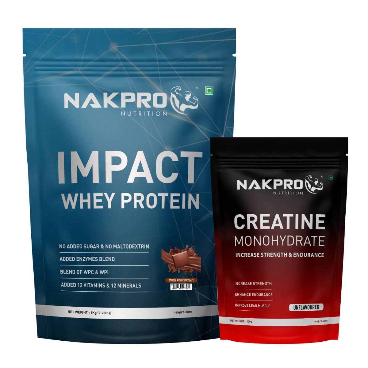 

NAKPRO Impact Whey Protein 1kg, Double Rich Chocolate | Isolate & Concentrate | 24g Protein & 4.9g BCAA | NAKPRO Micronised Creatine Monohydrate Po...