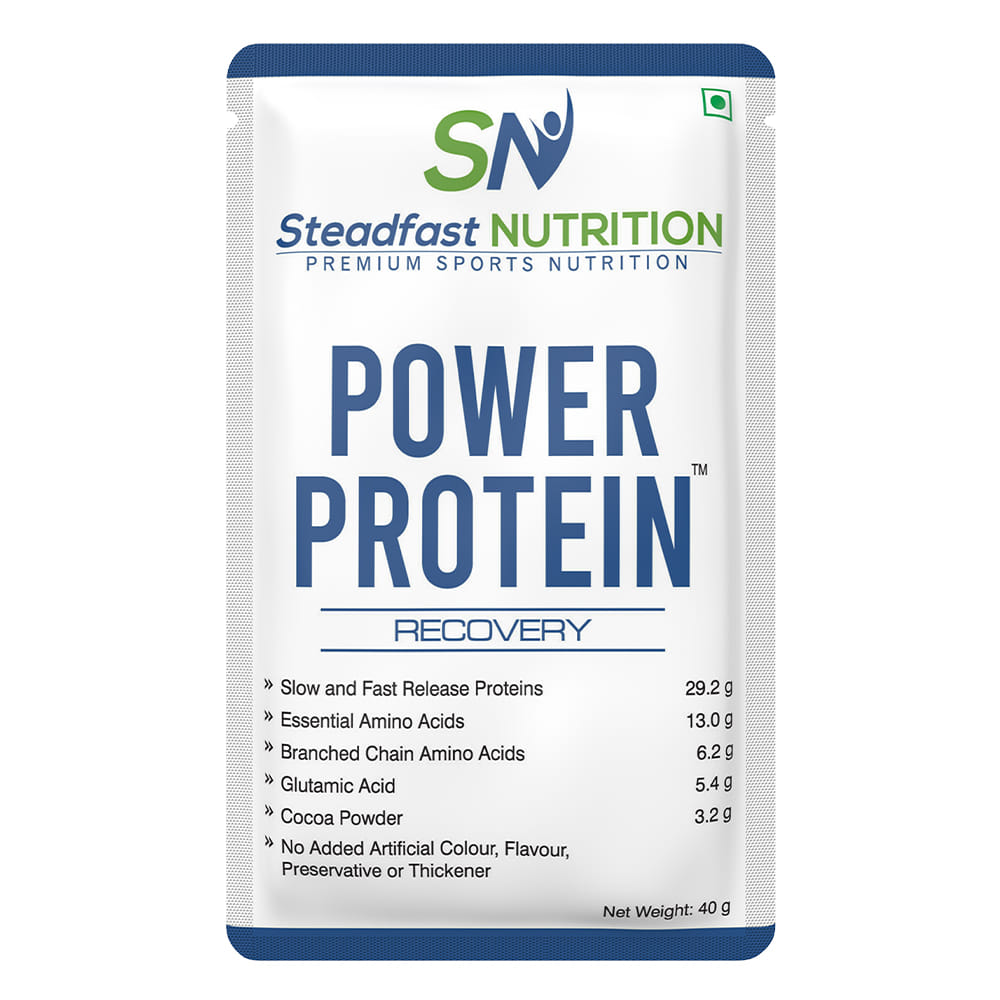 Steadfast Nutrition Power Protein | Natural Cocoa Powder | Provides 13 g of EAAs | 6.2 g of BCAA | 5.4 g of Glutamic acid | 4 g carbohydrates & 5 electrolytes per serving