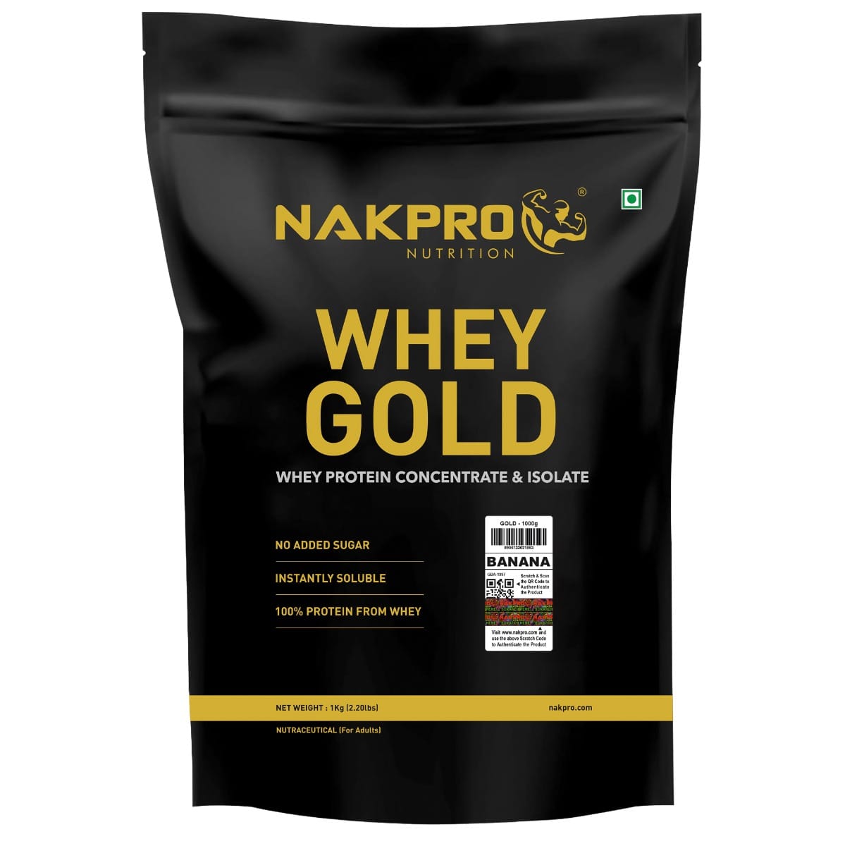 

NAKPRO Gold Whey Protein Concentrate and Isolate 1kg Banana | 25.5g Protein, Trustified Certified Supplement Powder | Fast Absorbing Whey Protein P...
