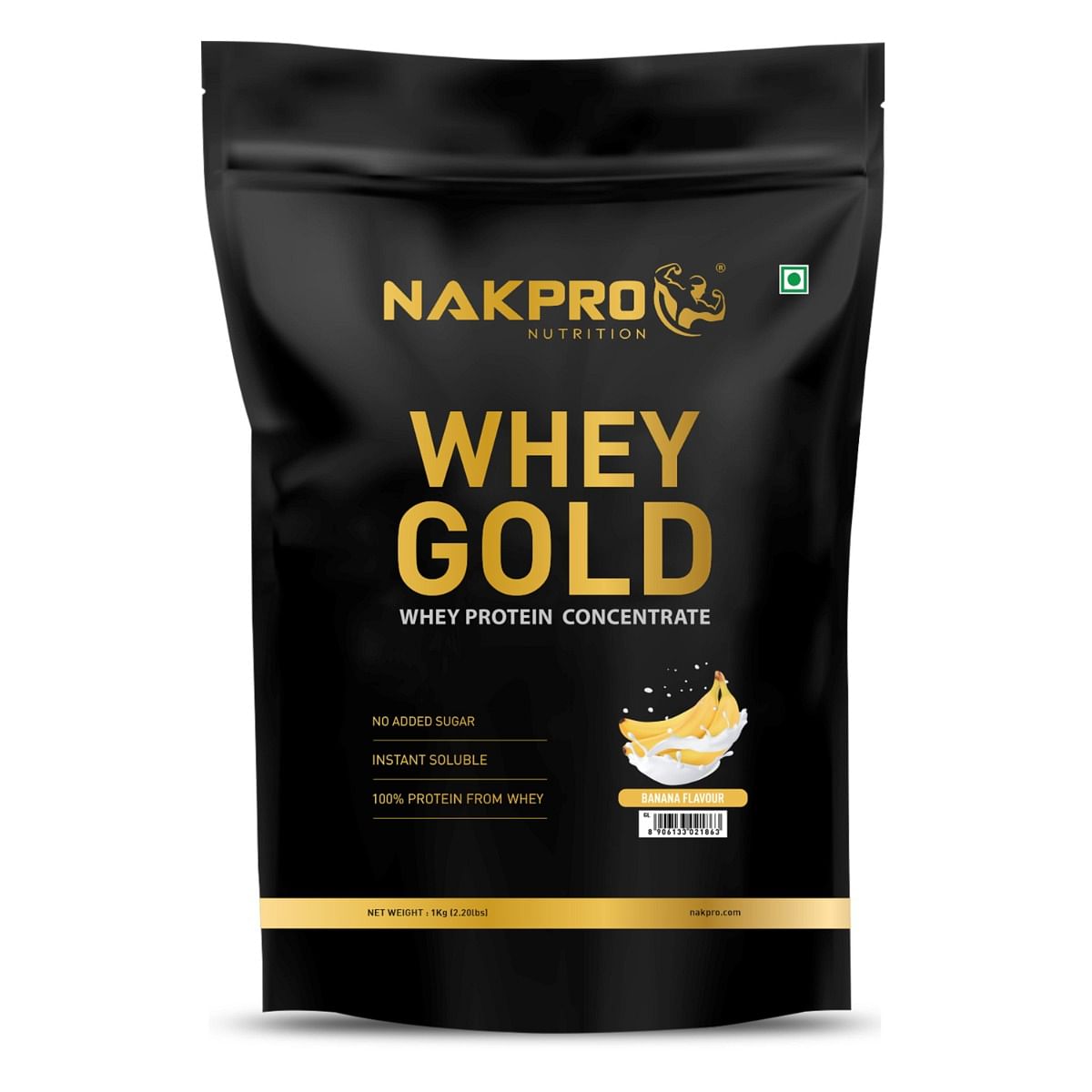 

NAKPRO Gold Whey Protein Concentrate 1kg Banana | 25.5g Protein, 5.6g BCAA | Trustified Certified 100% Authentic Supplement Powder & No Adulteratio...