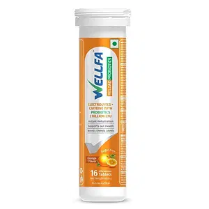 Wellfa Reload Probiotic with Electrolytes & Caffeine Instant Hydration Tablets with Vitamin C 16 Effervescent Tablets for Instant Energy, Orange Flavor