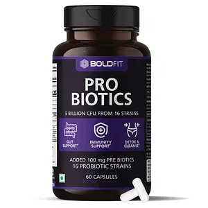 Boldfit Probiotics Supplement 5 Billion CFU For Men & Women with 16 Strains & Prebiotics - Gut Support, Digestion, Immunity Support, Detox & Cleanse White