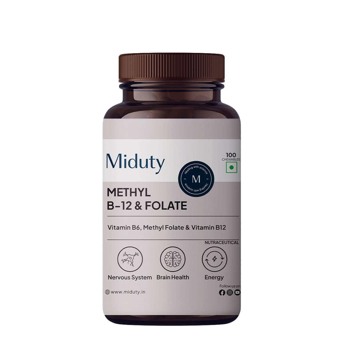 

Miduty Vitamin B12 - Methyl Folate - Fast Absorption Methylcoblamin- Vitamin B6 - 100 Chewables