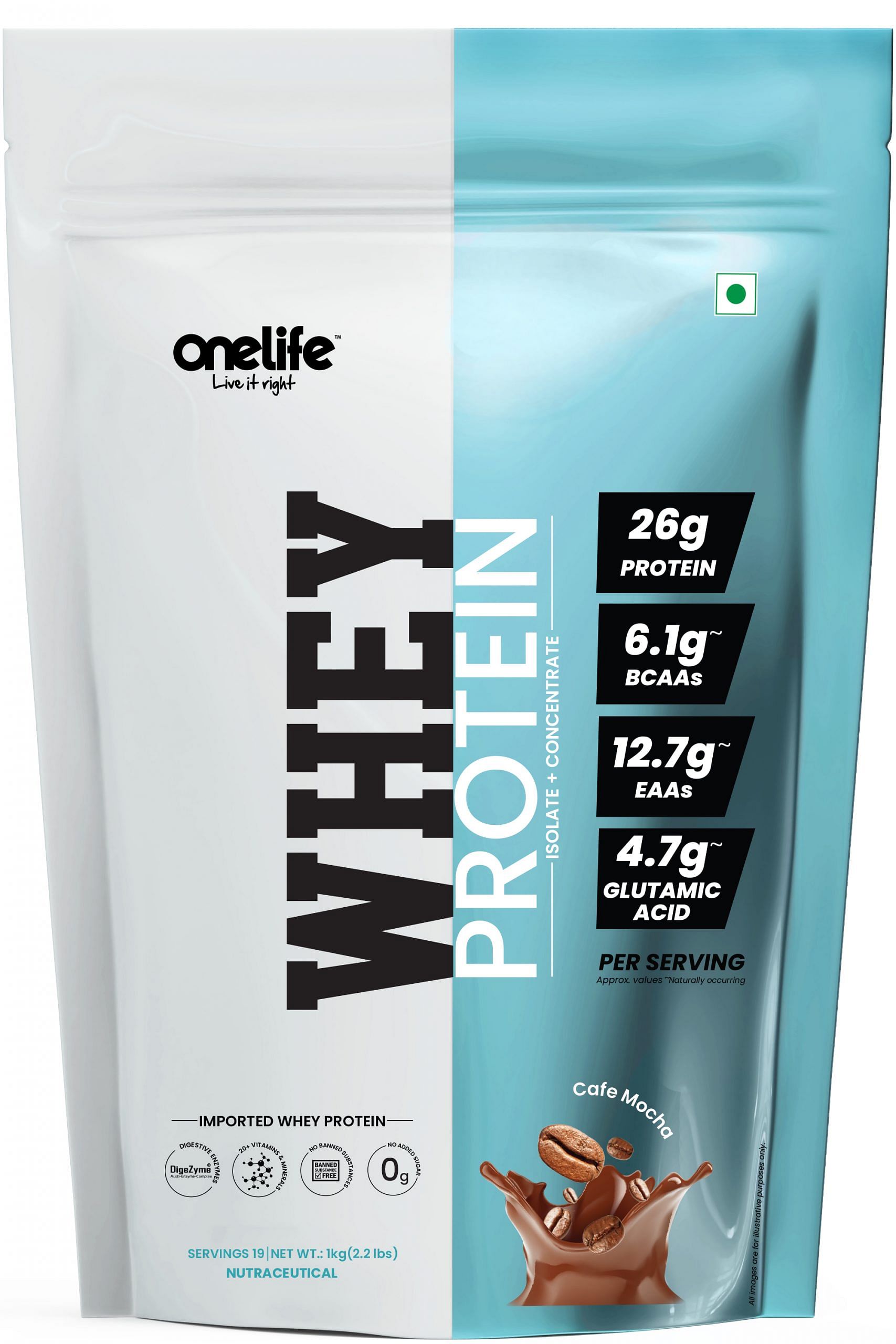 

Onelife Whey Protein (Isolate + Concentrate) | 26g protein per serving | 6.1g BCAA 12.7g EAAs 4.7g Glutamic Acid | DigeZyme with Added Vitamins & M...