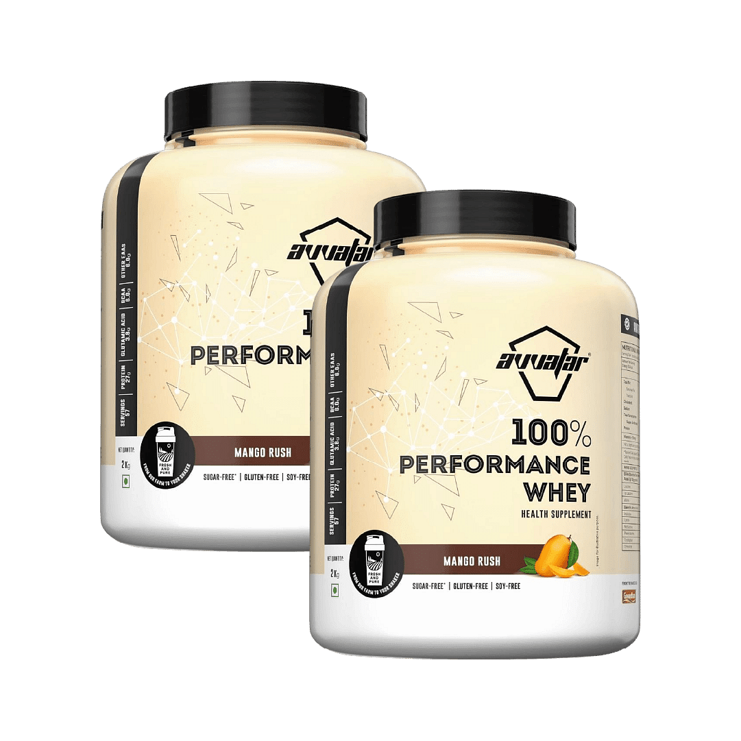 

Avvatar Performance Whey Protein | 2Kg | Mango Rush Flavour | 27G Protein | 57 Servings Pack Of 2