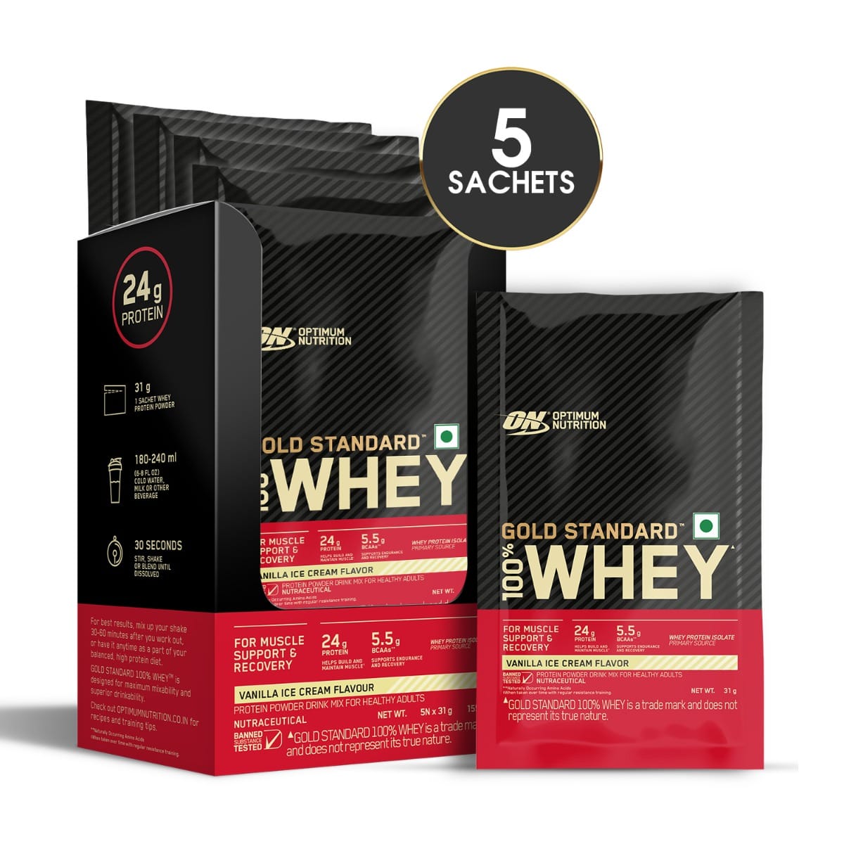 Optimum Nutrition (ON) Gold Standard 100% Whey Protein - 5 X 31g Single Serve Sachets, for Muscle Support & Recovery, Vegetarian - Primary Source Whey Isolate-picture-30