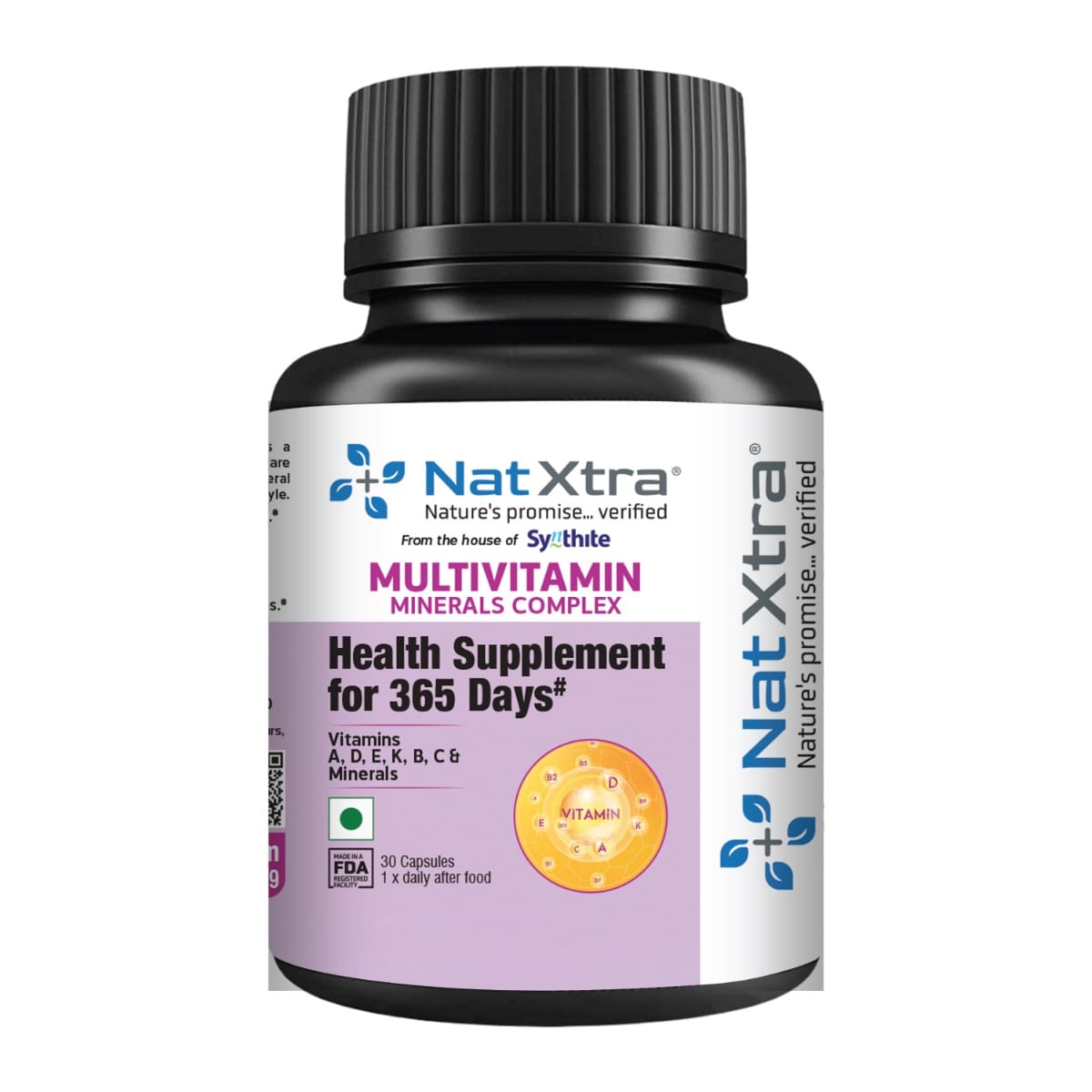 

Natxtra Multivitamin-Mineral Complex | Daily Essential Nutrients | Vitamin A, B, C, D, E, K & Minerals for Overall Wellness | 30 Veg Capsules