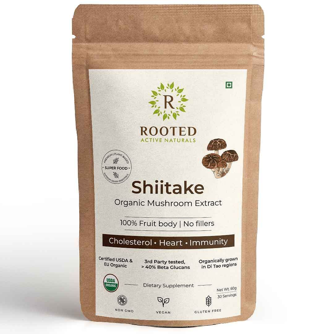 

Rooted Actives Shiitake mushroom Extract Powder (60 g) |Cholesterol, Heart health, Immunity. USDA Organic, 40% Beta Glucans