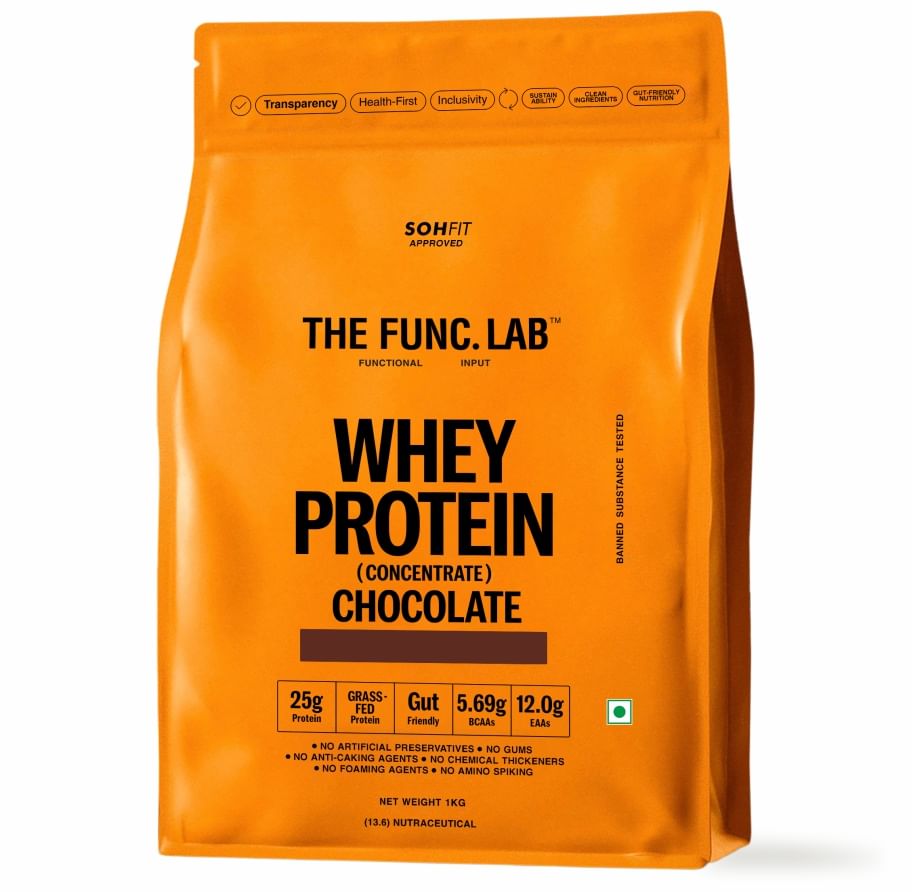 

The Func. Lab Whey Protein Concentrate - Chocolate Flavour | 1 kg | Grass‑Fed, 25g Protein, 5.69g BCAA per Scoop | High Protein Supplement for Musc...