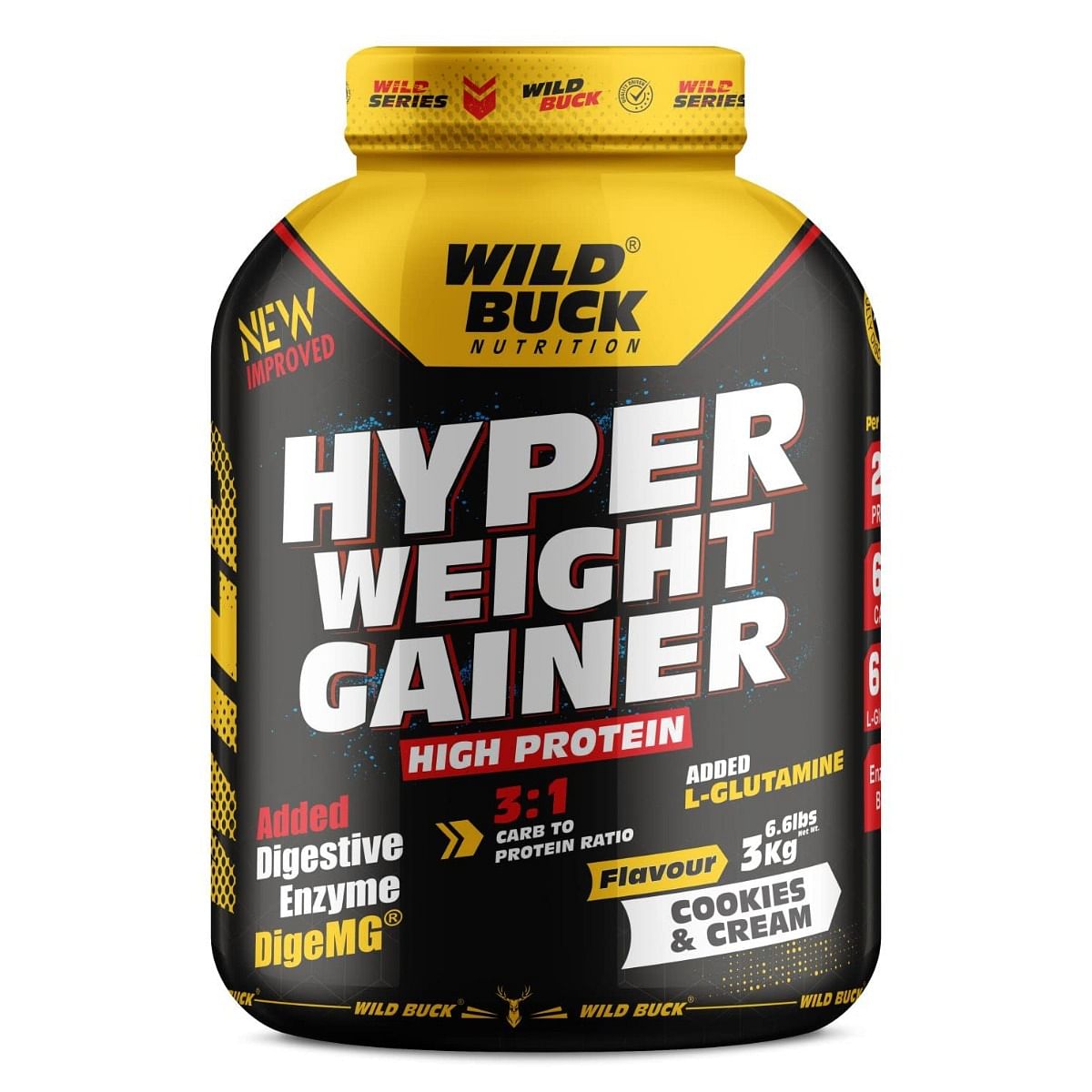 

WILD BUCK Hyper Weight Gainer With Protein,Glutamine,Minerals & Enzymes For Massive Gain Weight Gainers/Mass Gainers (3 kg, Cookies & Cream)
