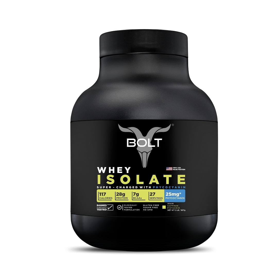 

Bolt 100% Whey Isolate Protein 907g | Saffron Pistachio | 27 Servings |28g Protein | 25mg Phycocyanin | Performance enhancer | Build lean muscles...