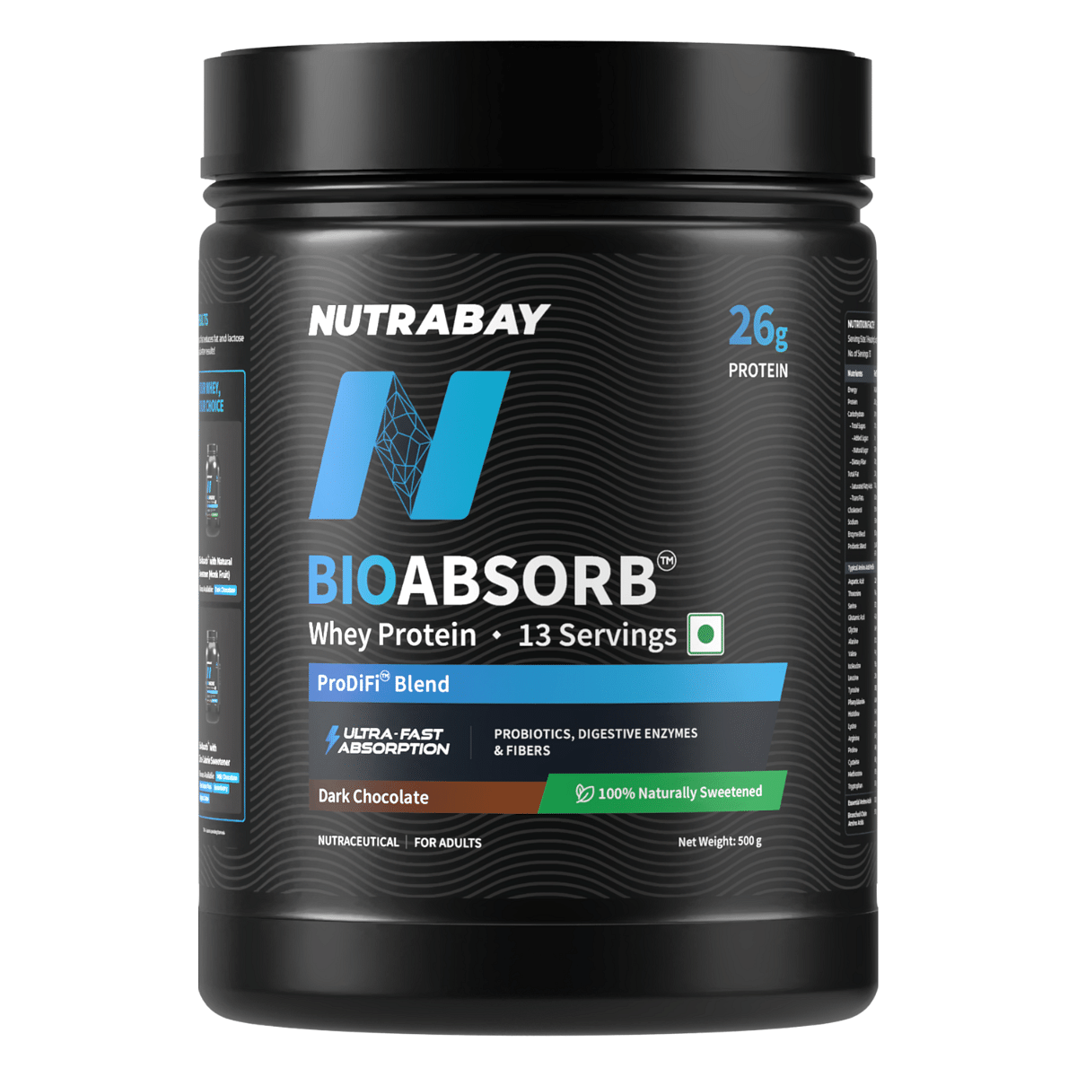 

Nutrabay BioAbsorb™ Whey Protein Powder - 500g, Dark Chocolate | India's First Protein with ProDiFi™ Blend for Ultra-Fast Absorption | 26g Cro...