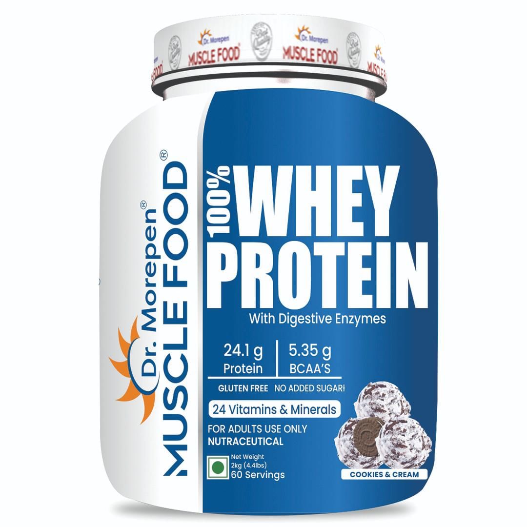 

Dr. Morepen Muscle food 100% Whey Protein with Digestive Enzymes Cookie and Cream - 2 Kg