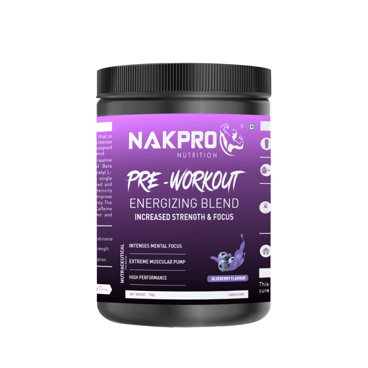 

Nakpro Pre Workout Supplement Powder - JAR | 100mg Caffeine, 1.2g Creatine Monohydrate and 1.2g L-Citrulline helps in Lean Muscle Building (Blueber...