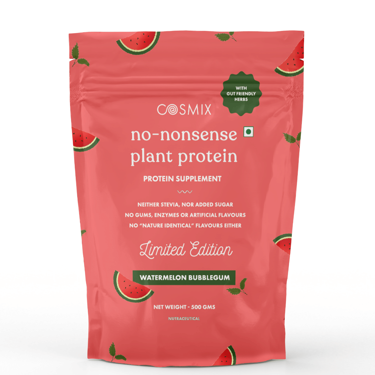 

Cosmix No-Nonsense Plant Protein | 23 Protein/Serve, 500g Pouch | Watermelon Bubblegum | Plant Based Protein, Pea & Rice Isolate | Clean, Easy to D...