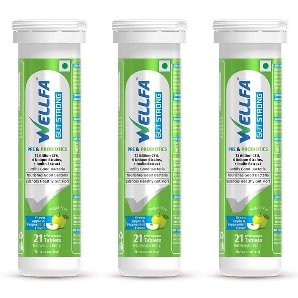 

WELLFA GUT STRONG | Pre & Probiotic for Gut Health - 21 Effervescent tablets | Green Apple & Mint Flavor - (Pack of 3)