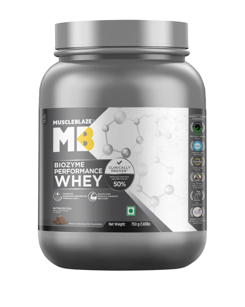 

MuscleBlaze Biozyme Performance Whey Protein, with US Patent Filed EAF® (Informed Choice UK, Labdoor USA Certified) (Rich Chocolate, 750 g / 1.6 lb)