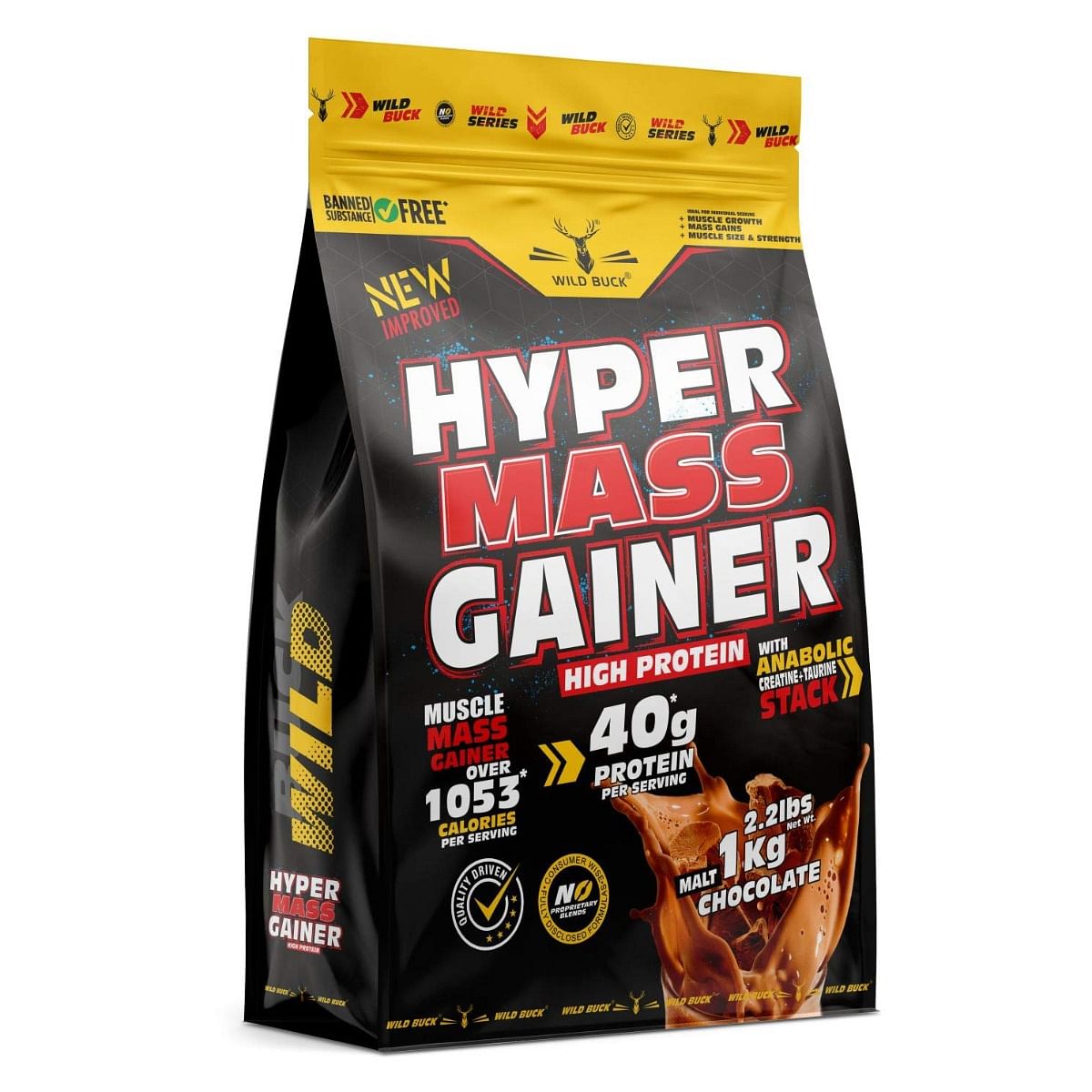 

WILD BUCK Hyper Mass Gainer with Creatine + Taurine ,1053 Calories & 40g Protein (Malt Chocolate,1kg)