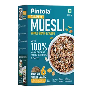 Pintola Wholegrain & Seeds Muesli with 33% Millet, Cereals for Breakfast with 26% Nuts, Seeds & Dates, No Preservatives, Rich in Dietary Fibre & Protein, Cholesterol & Gluten Free, No Added Sugar