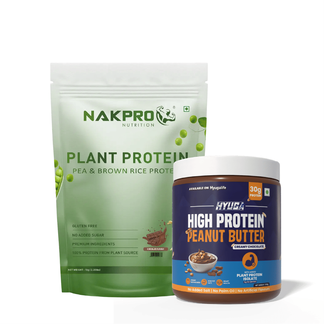 

NAKPRO Vegan Plant Protein Powder (Pea Protein & Brown Rice Protein), Chocolate - 1kg | 25.2g Protein, 4.9g BCAA & Hyuga High Protein Peanut Butter...