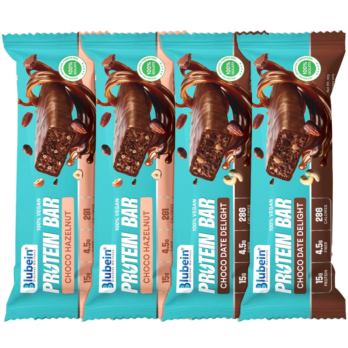 Blubein 15g Plant Protein Bars | Choco Hazelnut | Choco Date Delight | Lactose-Free | 4.5g High Fibre | No Added Sugar