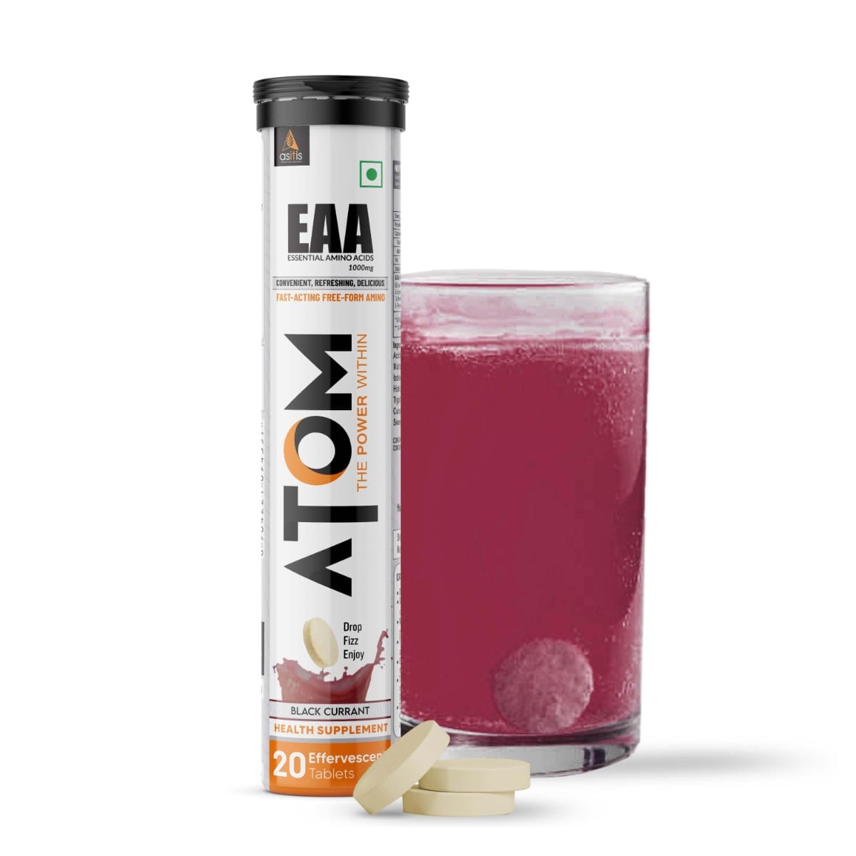 AS-IT-IS ATOM EAA Effervescent 20 Tablets| All 9 Essential Amino Acids with 100% Bioavailability| Muscle Recovery & Performance| Convenient, Refreshing & Delicious