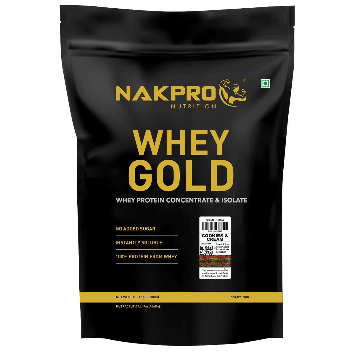 

NAKPRO Gold Whey Protein Concentrate and Isolate 1kg Cookies and Cream | 25.5g Protein, Trustified Certified | Fast Absorbing Whey Protein Powder