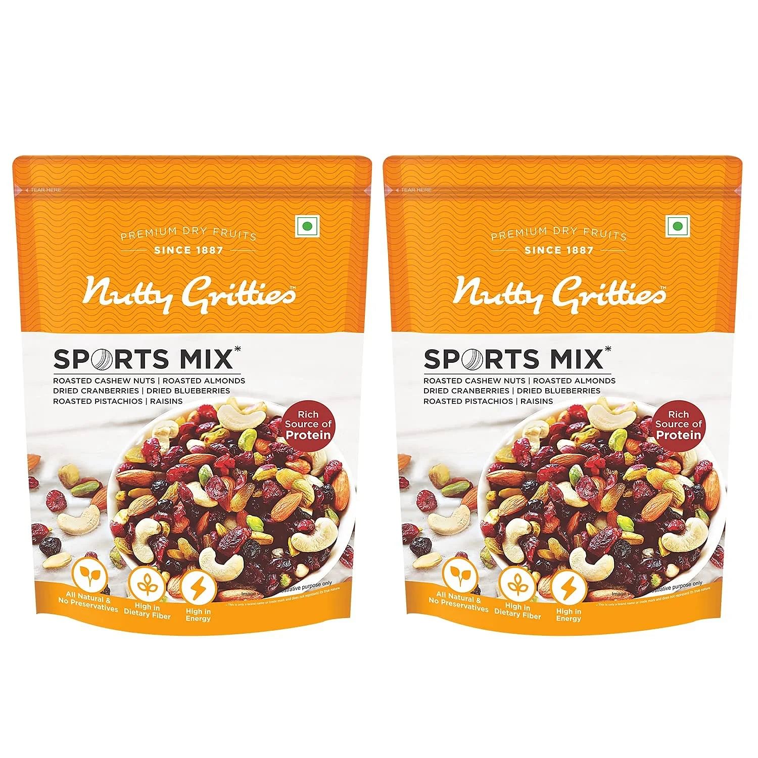 

Nutty Gritties Sports Mix - Roasted Almonds, Cashews, Pistachios, Dried Blueberries, Cranberries and Raisins - 400g (Family Pack of 2 )