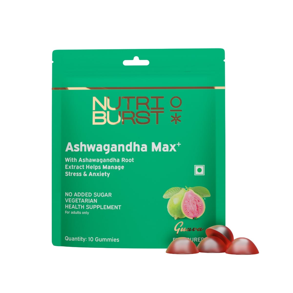 Nutriburst Ashwagandha Max 500mg Gummies for Stress and Anxiety Relief Vigour, Energy, Power & Stamina Relax Refresh Mind & Body Guava Flavor Gummies, No added sugar
