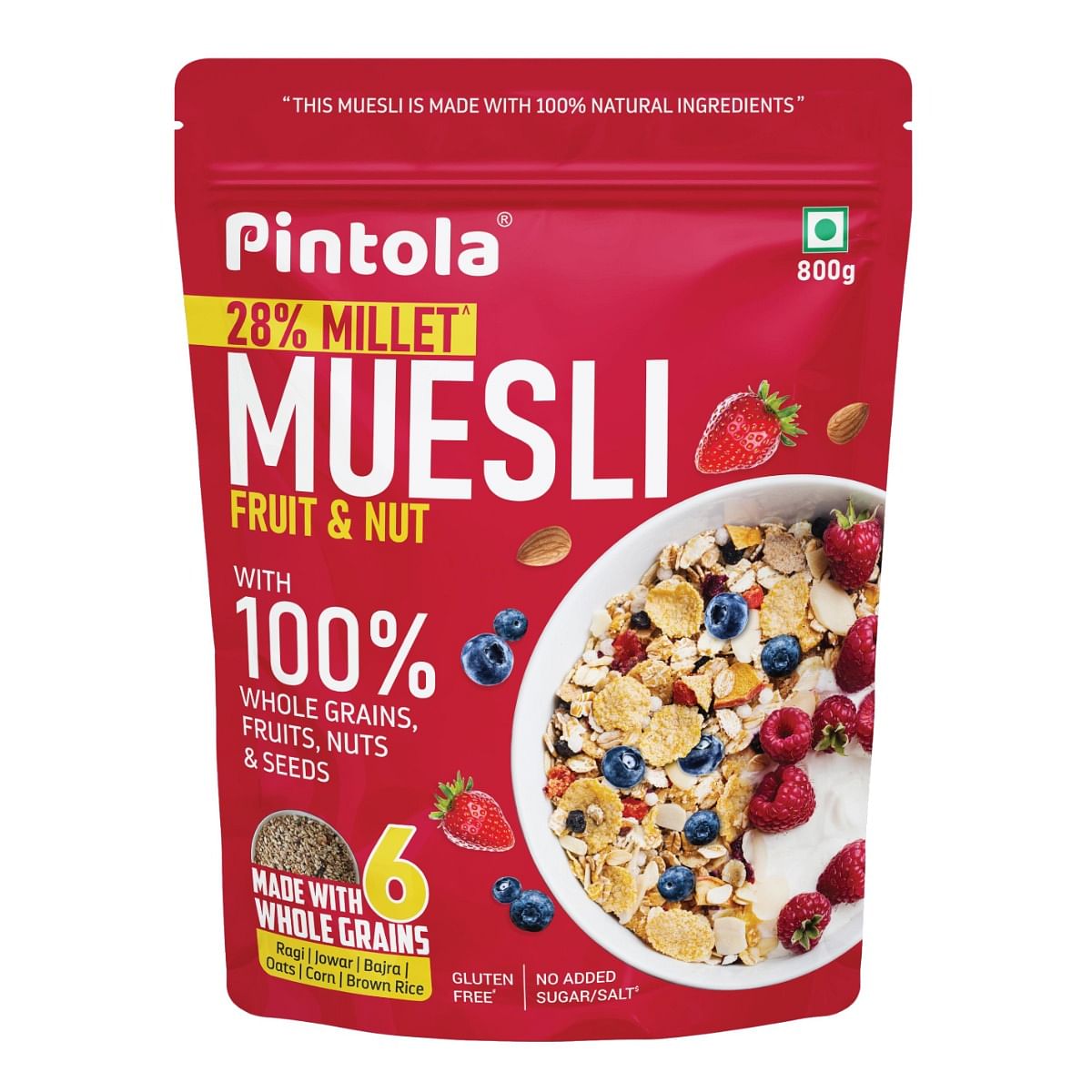 

Pintola Fruit & Nut Muesli with 28% Millet & 68% Wholegrains (800g), Healthy-Fruity Breakfast cereal with 6 nuts, dried fruits & Dates, No Preserva...