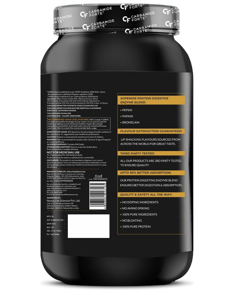 

Carbamide Forte Whey Isolate Protein Powder - With Added Multivitamin & Minerals - Alphonso Mango - 1Kg