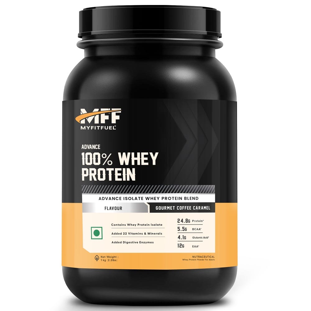 

MyFitFuel Advance MFF 100% Whey Protein, with Digestive Enzymes and Multi-Vitamins (Gourmet Coffee Caramel, 1 Kg) -28.5 Servings