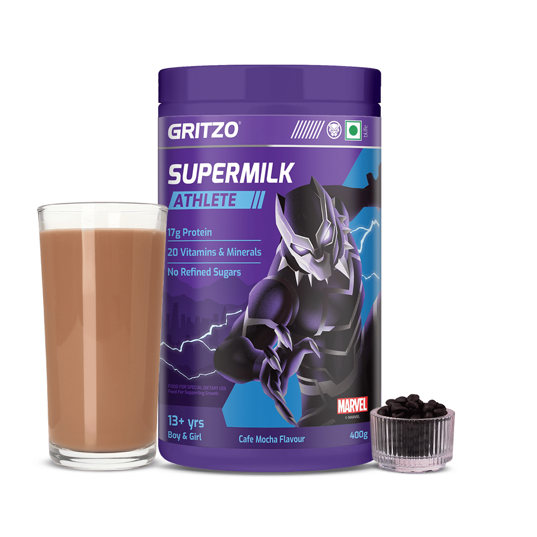 

Gritzo SuperMilk Athlete Black Panther (13+y Boy & Girl), 17g Protein Powder | No Refined Sugars, 20 Vitamins & Minerals (Cafe Mocha, 400g)