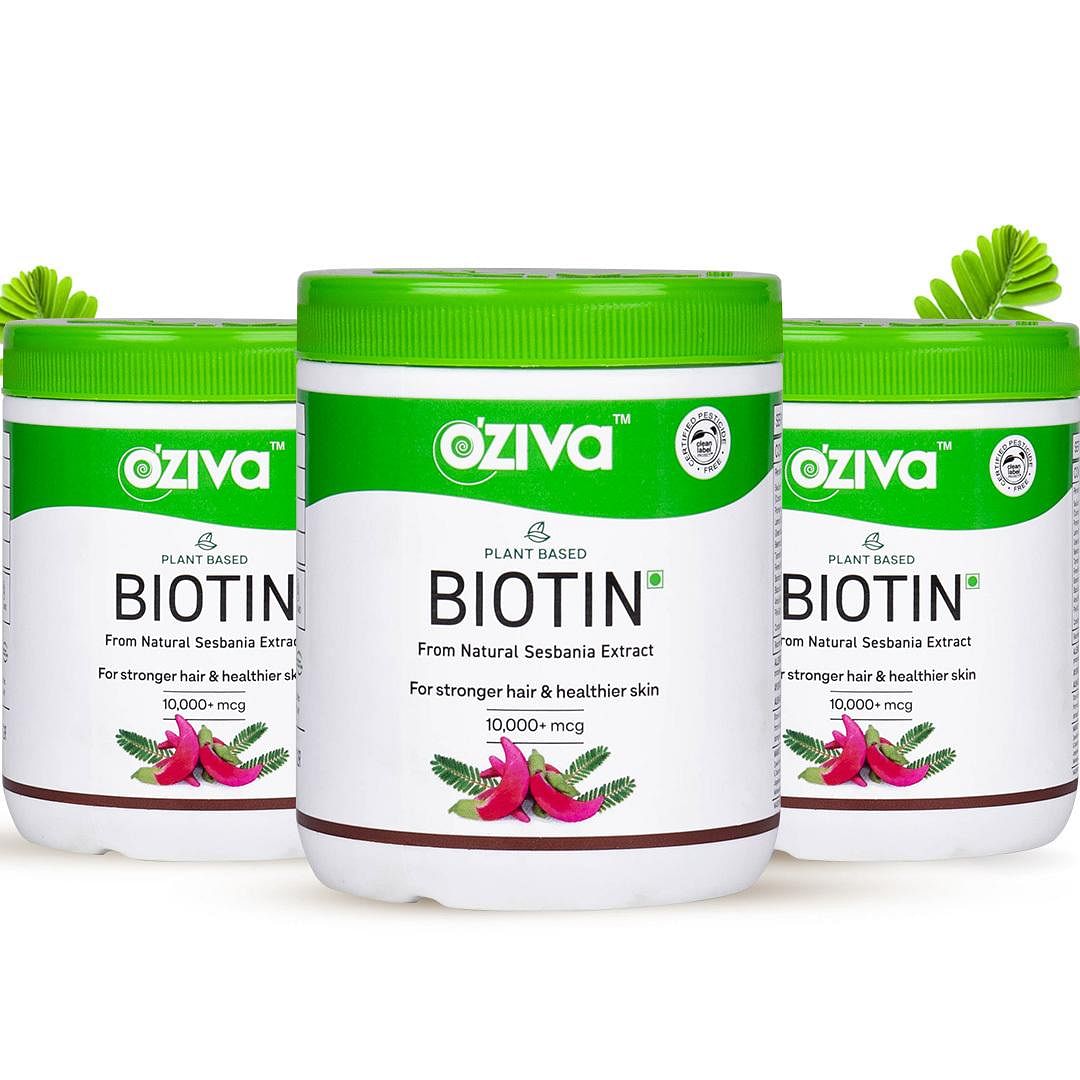 

OZiva Plant Based Biotin for Improved Hair Thickness, 100% Natural,(With Amla, Sesbania) Clinically Proven, 375g