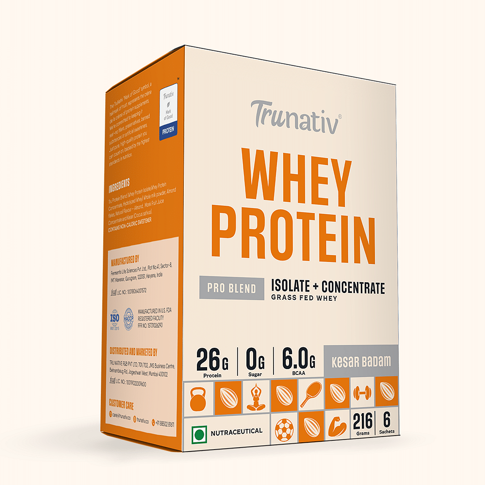 

Trunativ Pro Blend Whey Protein | Kesar Badam | 26g Protein & 6g BCAA per Serving | Grass-Fed Isolate & Concentrate| Lab Tested for Purity & Accura...