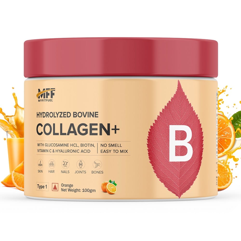 

MyFitFuel Hydrolyzed Bovine Collagen with Glucosamine, Hyaluronic Acid, Biotin, Zinc & Vitamin C | For Skin, Hair, Nails & Joints, (100gm), Orange