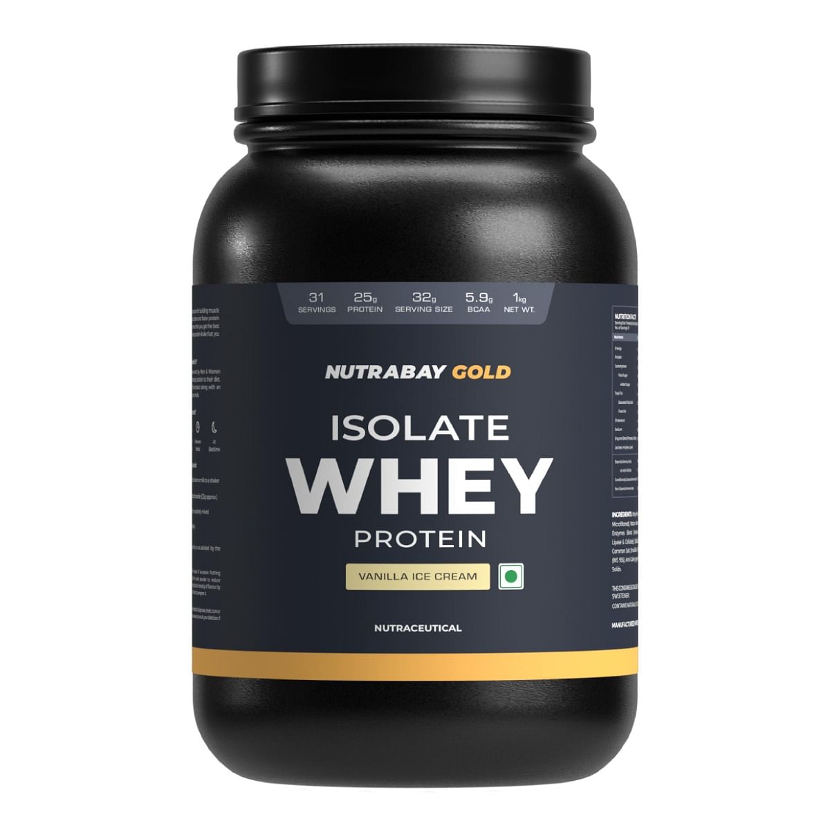 

Nutrabay Gold 100% Whey Protein Isolate with Digestive Enzymes - 25g Protein | Protein Powder for Muscle Support & Recovery - Vanilla Icecream, 1 kg