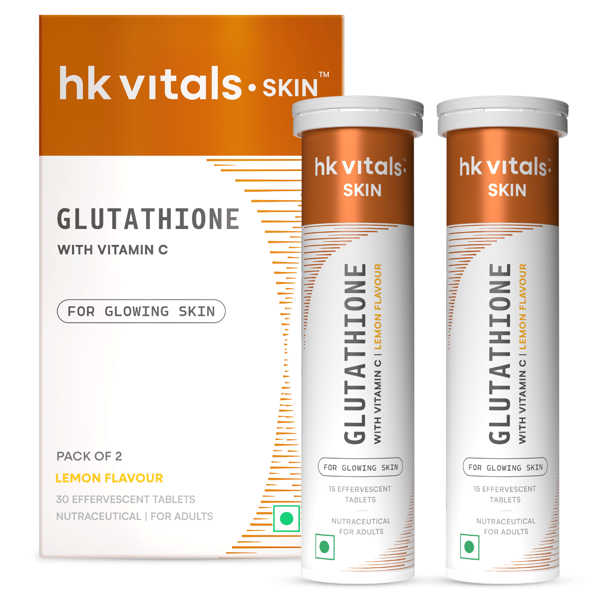 hk vitals Glutathione, 15 Effervescent Tablets (Pack of 2) | L-Glutathione with Vitamin C & E for Skin Glow & Hydration | Combo Pack