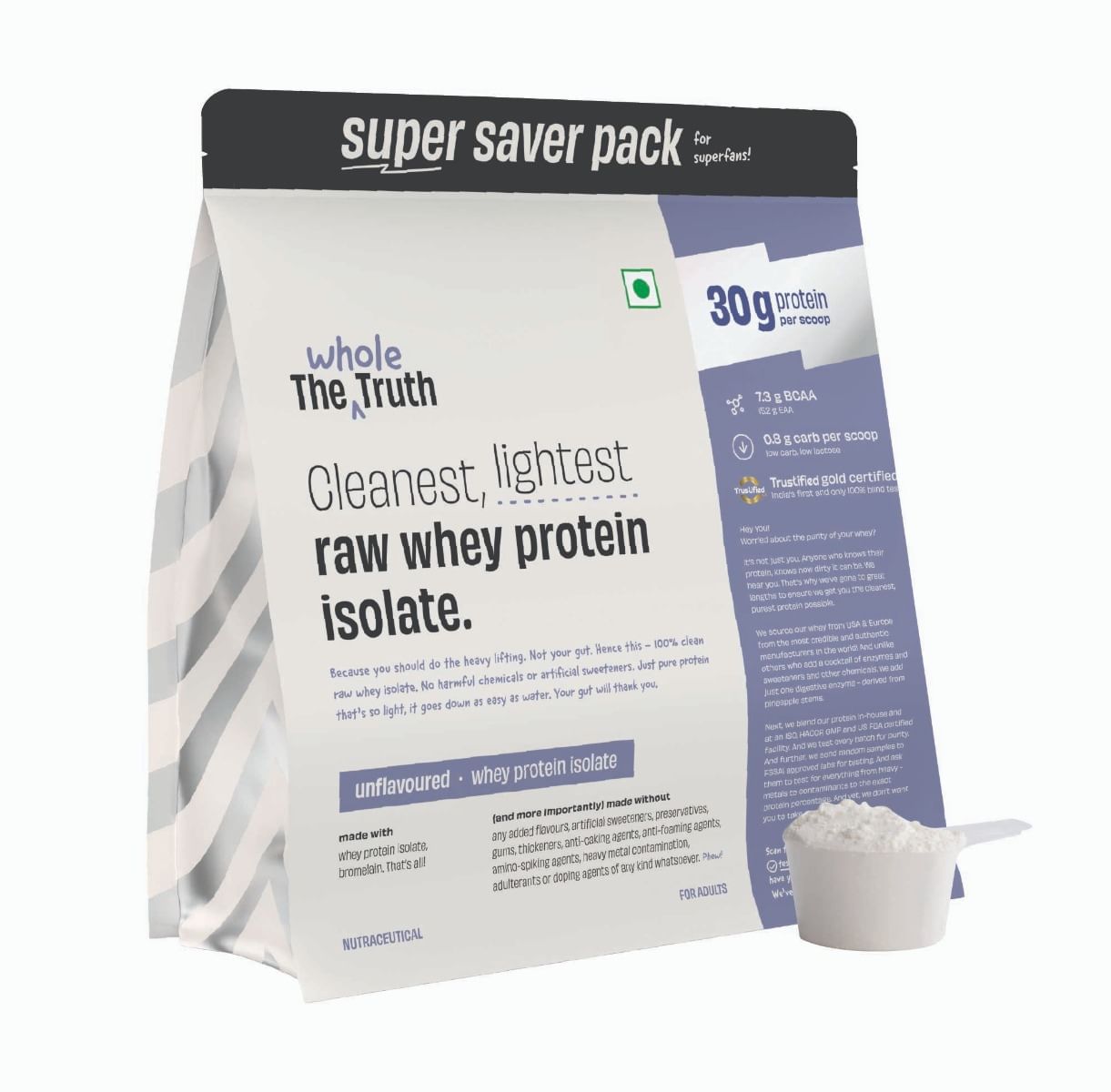 

The Whole Truth Whey Protein Isolate Unflavoured | 2 kg (4.4 lbs) | 30g Protein | 7.3g BCAA | 100% Authentic Whey & No Adulteration | Improved Stre...