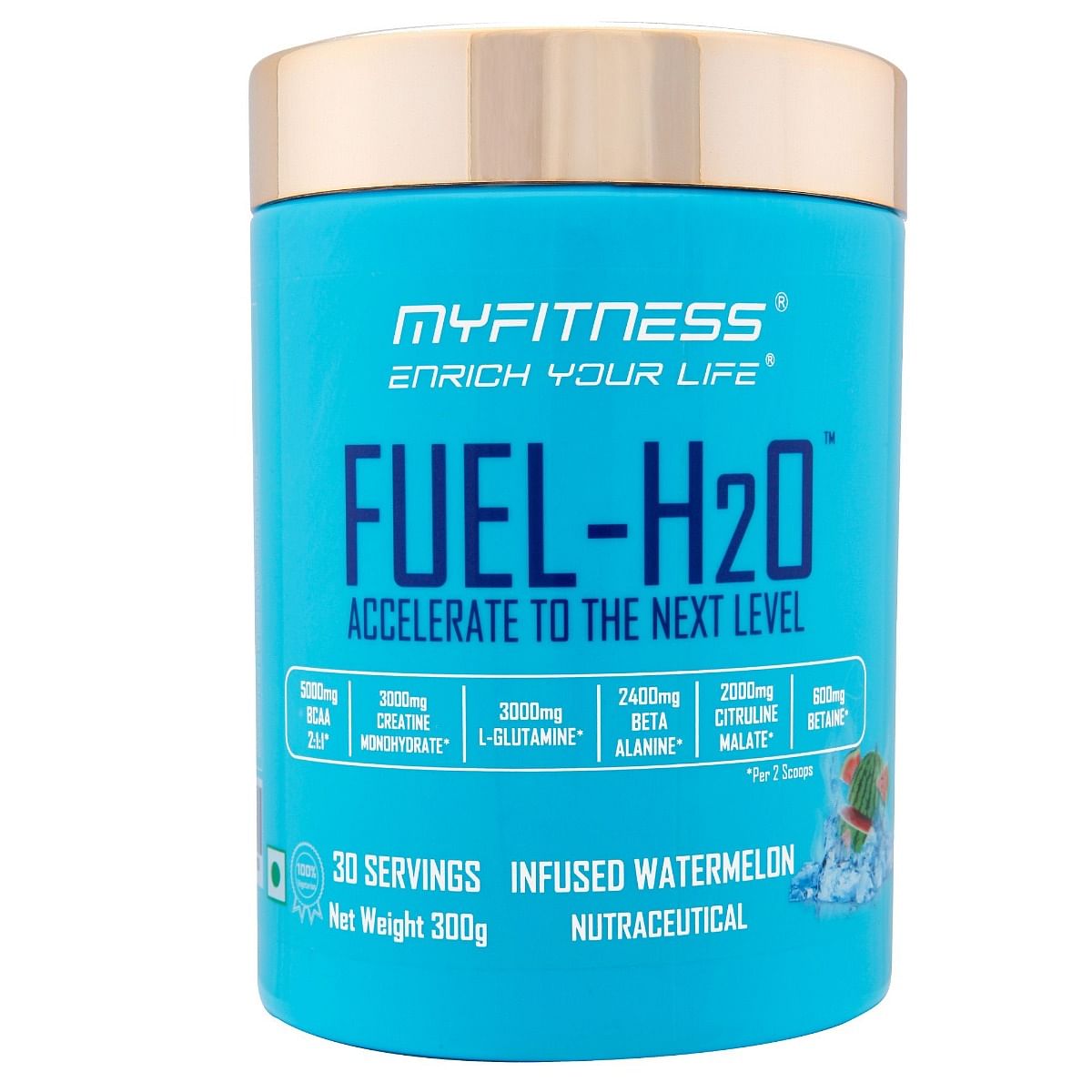 

Myfitness® FUEL-H2O|5000mg BCAA 2:1:1|3000mg Creatine|3000mg L-Glutamine|2400mg Beta Alanine|2000mg Citruline Malate|1000mg Taurine|600mg Betaine| ...