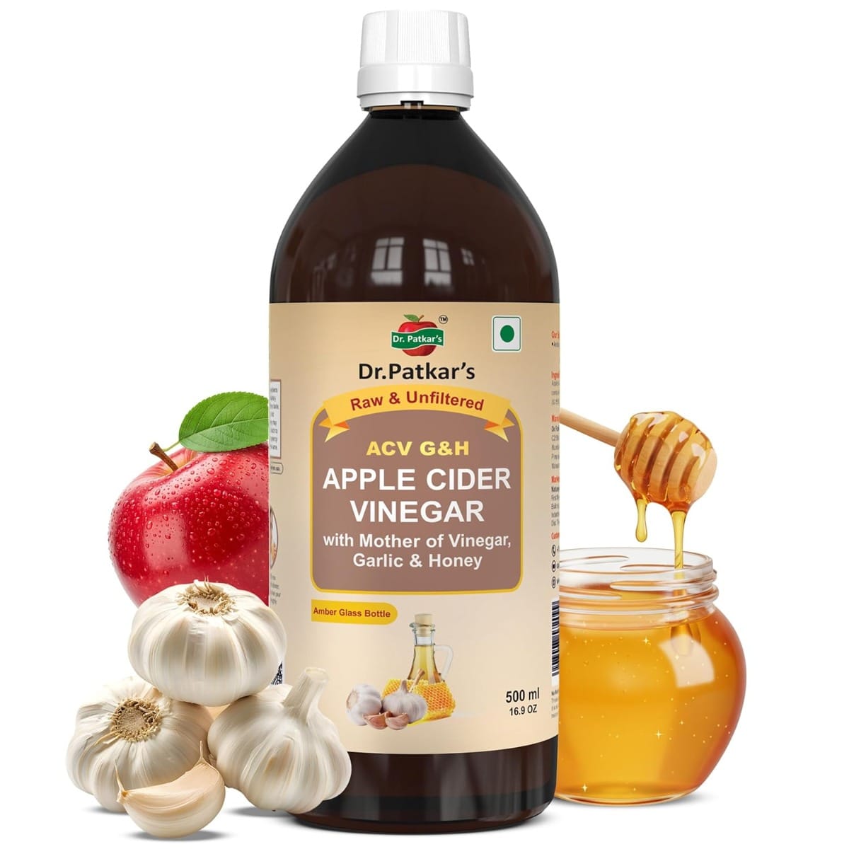 

Dr. Patkar's Apple Cider Vinegar with Garlic & Honey 500ml | Unfiltered & Undiluted | Suitable for BP management and lowers bad cholesterol, Immuni...