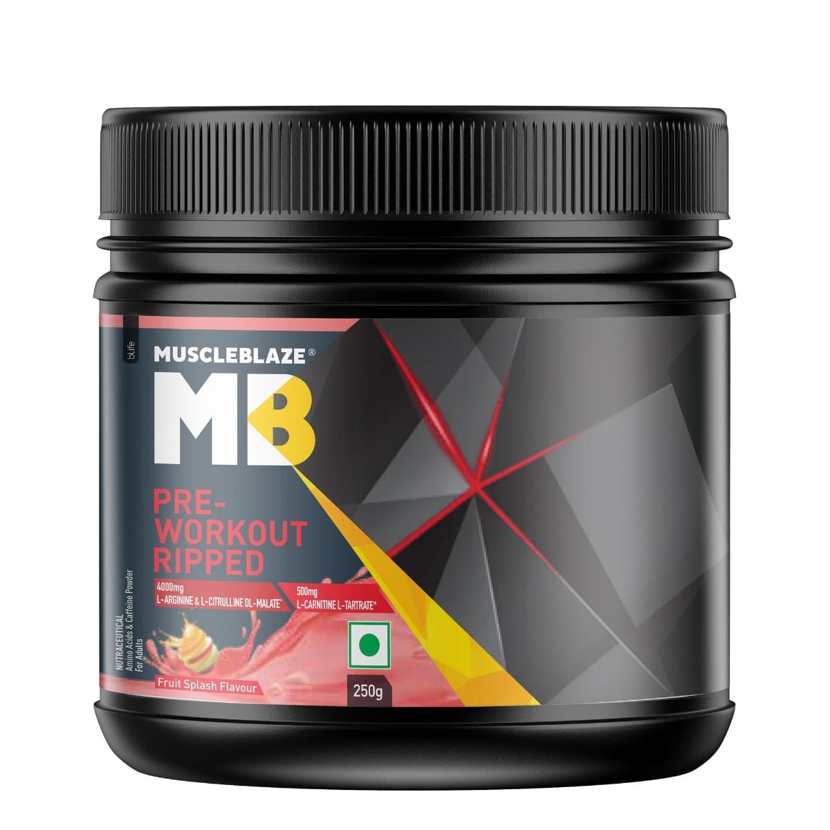 

MuscleBlaze Pre Workout Ripped | 4000mg Citrulline & L-Arginine, 500mg L-Carnitine, 500mg Garcinia Extract (Fruit Splash, 27 Servings, 250g)