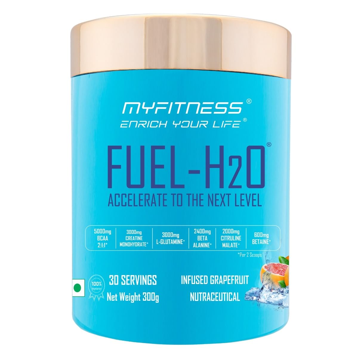 

Myfitness® FUEL-H2O|5000mg BCAA 2:1:1|3000mg Creatine|3000mg L-Glutamine|2400mg Beta Alanine|2000mg Citruline Malate|1000mg Taurine|600mg Betaine| ...