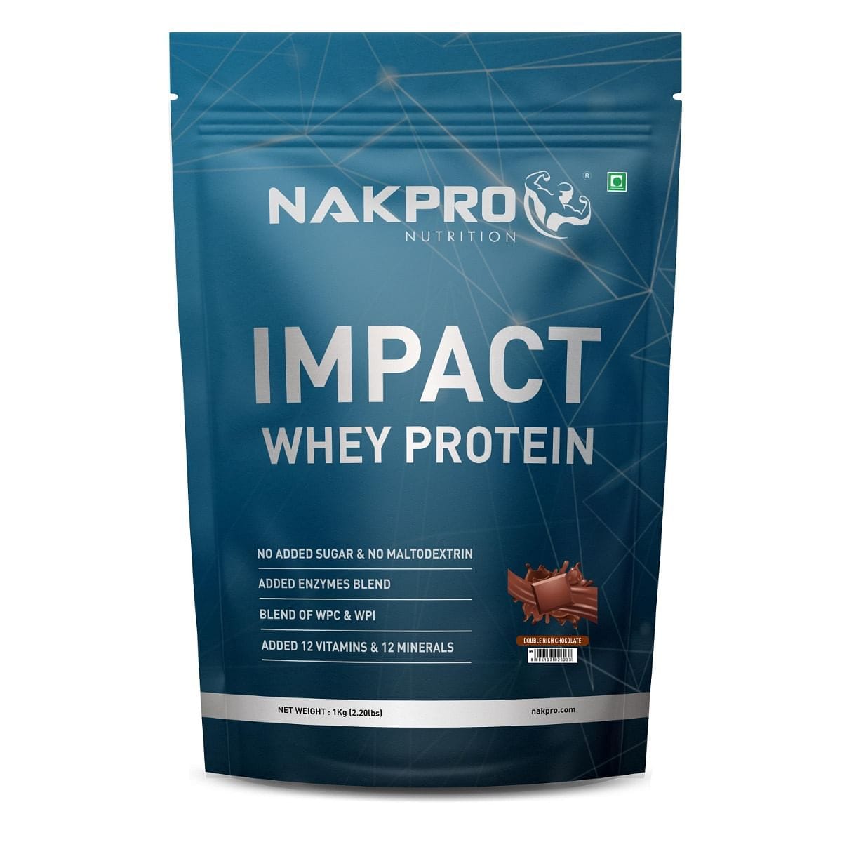 NAKPRO Impact Whey Protein 1kg | Isolate & Concentrate | 24g Protein & 4.9g BCAA | NABL Lab Tested 100% Authentic Supplement Powder - Double Rich Chocolate Flavour