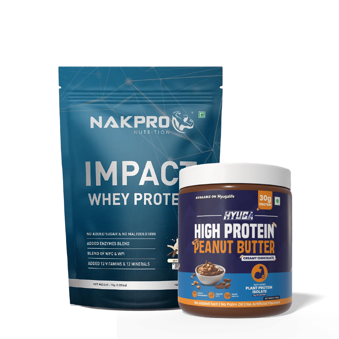 

NAKPRO Impact Whey Protein 1kg | Isolate & Concentrate | 24g Protein & 4.9g BCAA - Vanilla Flavour & Hyuga High Protein Peanut Butter Creamy 500g |...