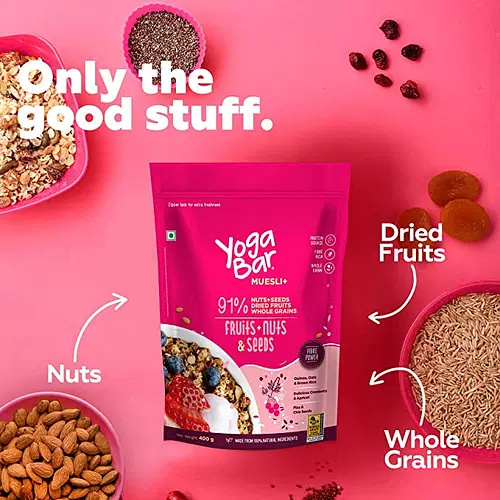 Yogabar Breakfast Cereal & Muesli, 91% Fruit and Nut + Seeds +  Whole-Grains, 400g, Healthy Breakfast Cereals, Granola, Gluten Free
