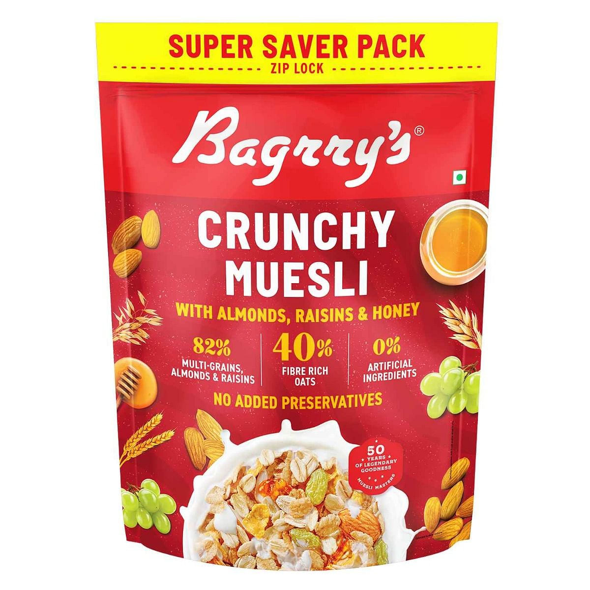 

Bagrry's Crunchy Muesli 750gm Pouch| 40% Fibre Rich Oats with Bran | 82% Multi Grains, Almonds, Raisins & Honey | Breakfast Cereal | Natural Muesli