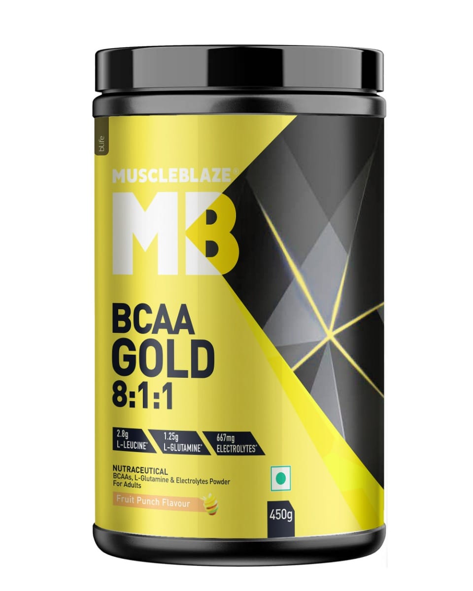 

MuscleBlaze BCAA Gold 8:1:1 | With Higher Leucine, Electrolytes & Glutamine (Fruit Punch, 450g, 60 Servings)