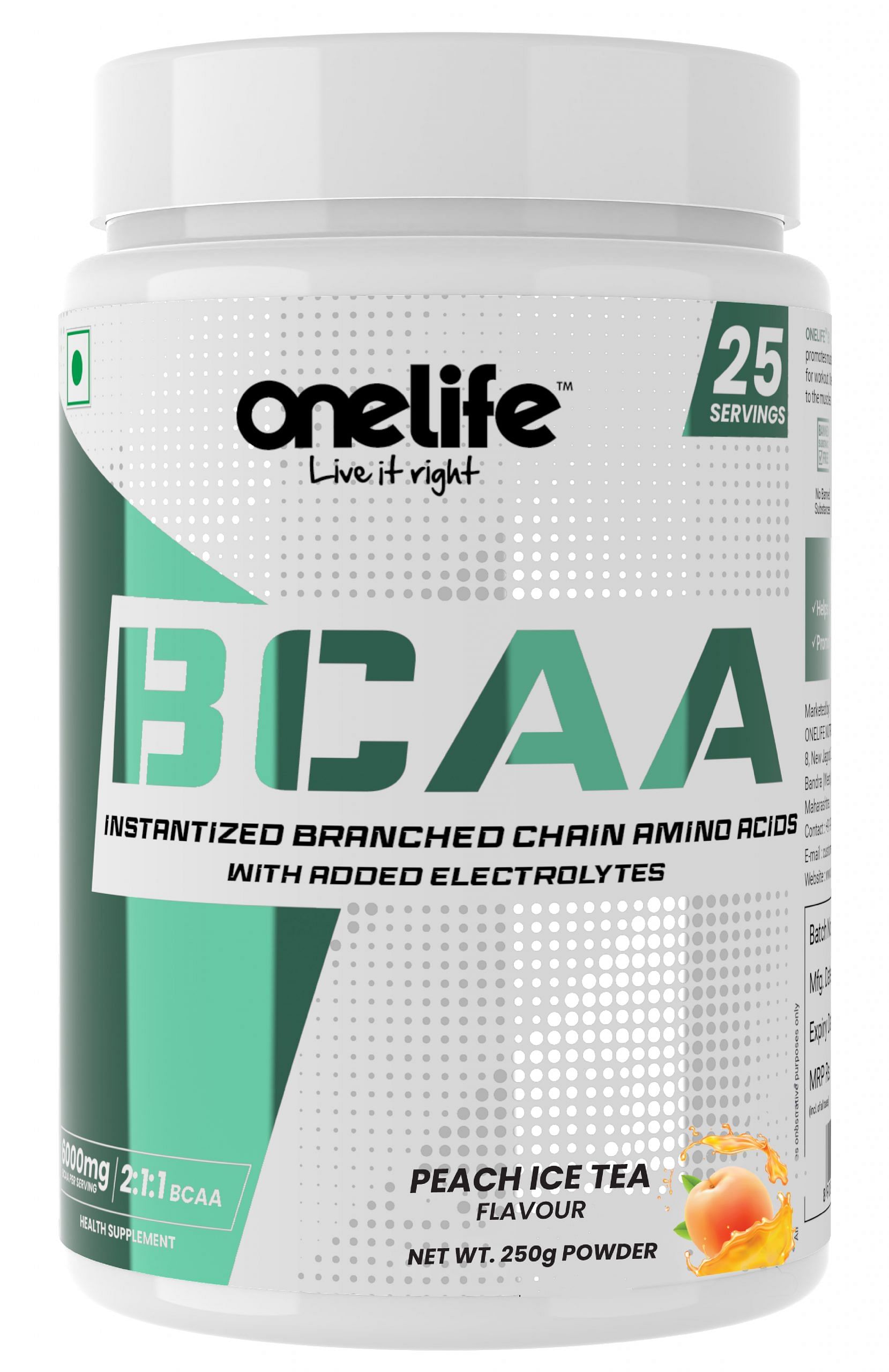 

Onelife BCAA 6000 mg: Lean Muscle growth and recovery the right way! , Replenishes Electrolytes - Peach Ice Tea - 250gm