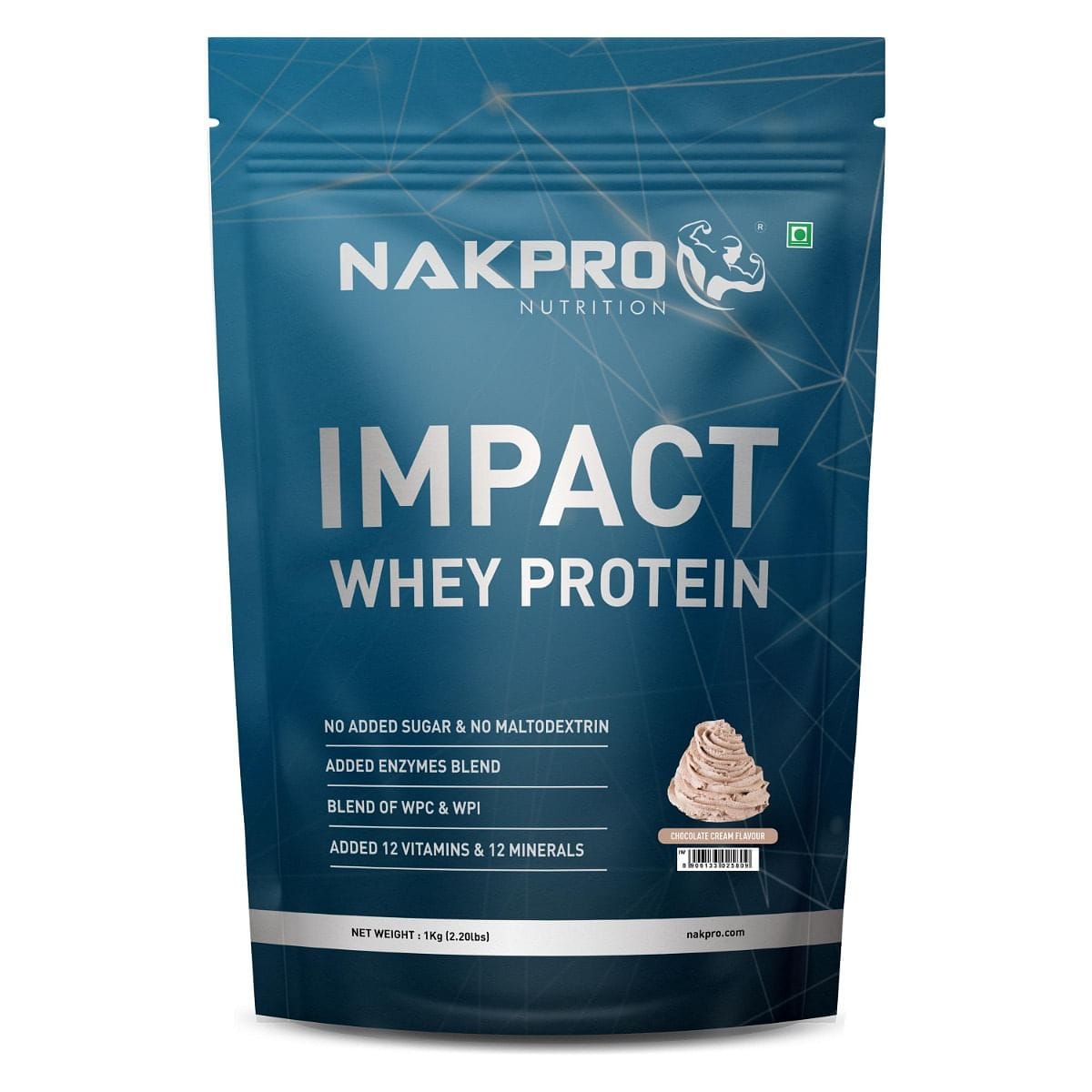NAKPRO Impact Whey Protein 1kg | Isolate & Concentrate | 24g Protein & 4.9g BCAA | NABL Lab Tested 100% Authentic Supplement Powder - Chocolate Cream Flavour